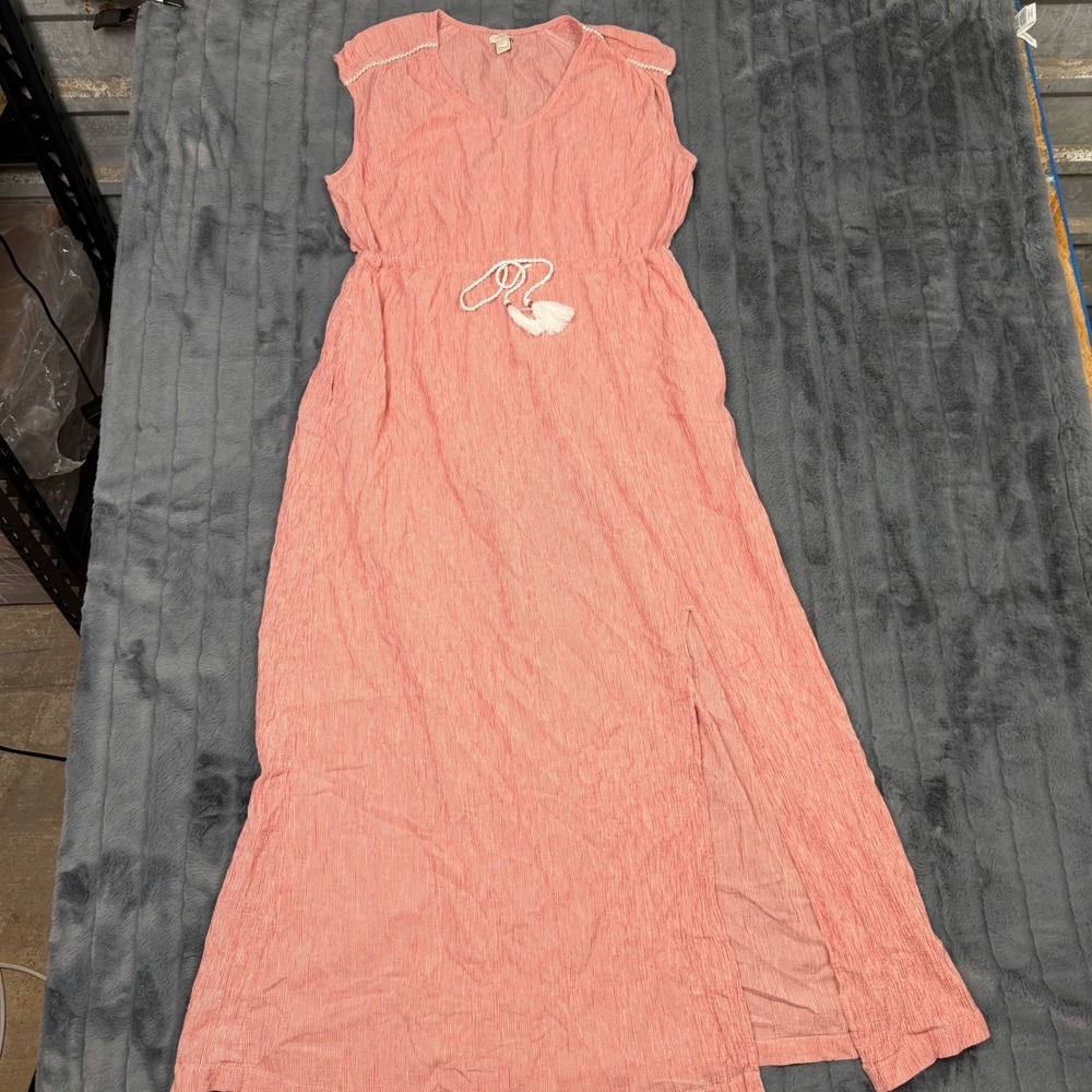 J. Crew Red White Striped Tassel Maxi Dress Sleeveless V-Neck Cotton Blend L